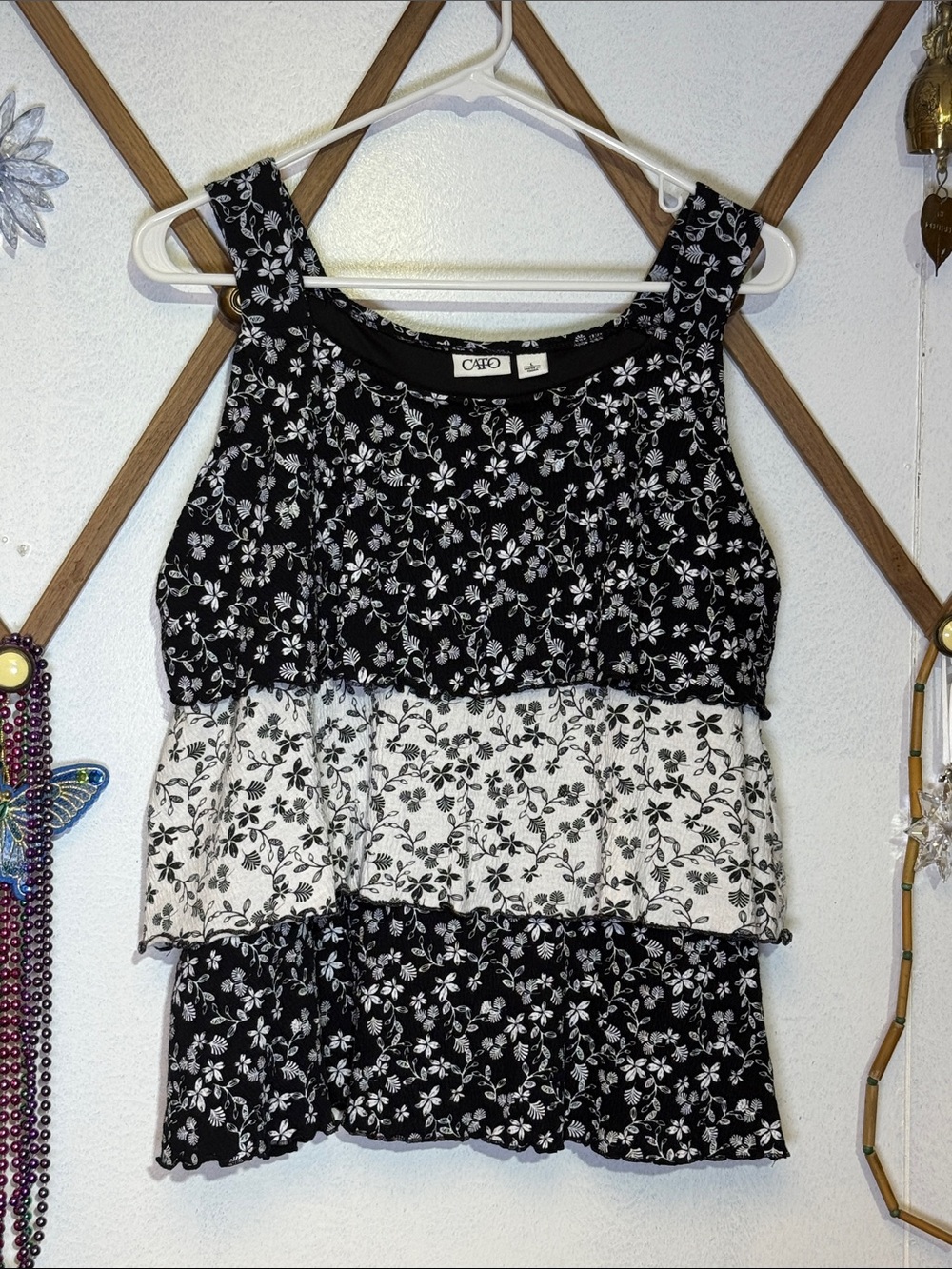 Cato Black and White Floral Tiered Tank Top